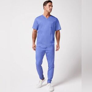 Full set: Jaanuu Light Blue V-Neck Scrub Top (M) and jogger bottoms (S)